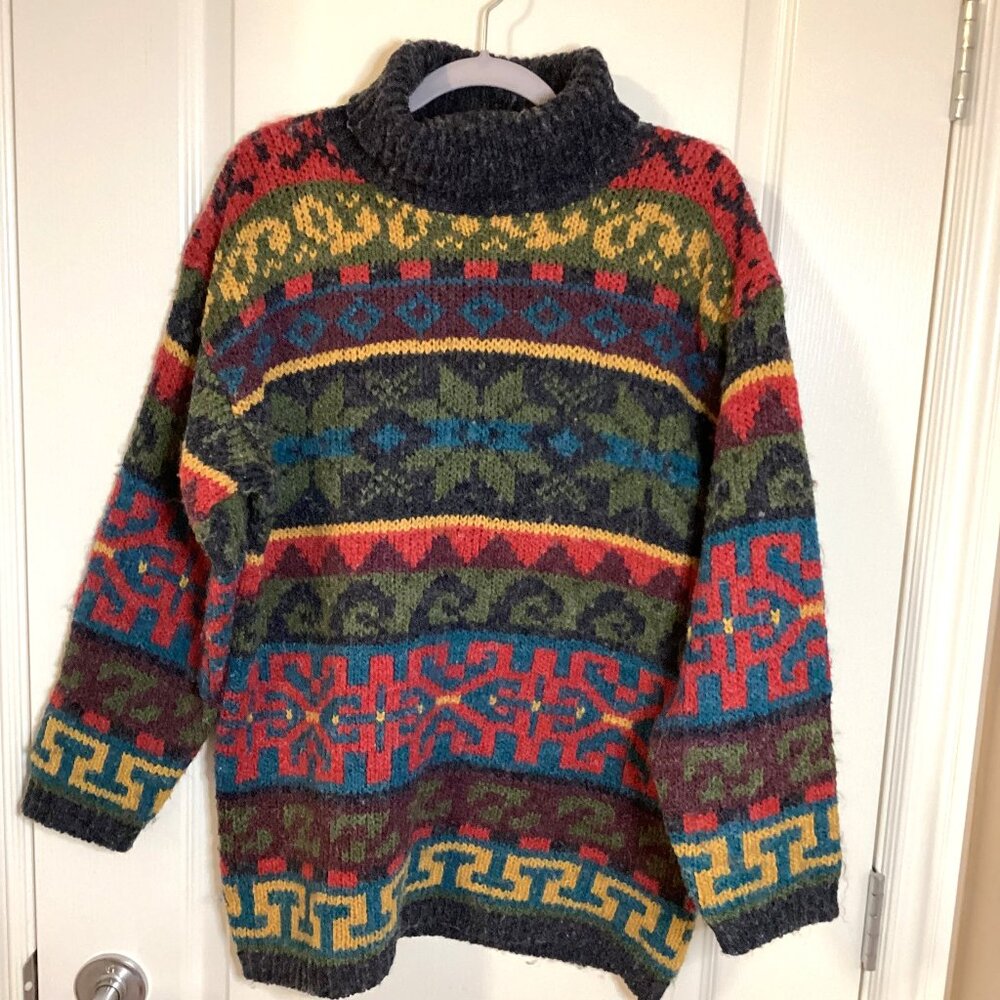 Heather Women's Chunky Knit Sweater Wool Blend Size M Colorful Turtleneck Warm